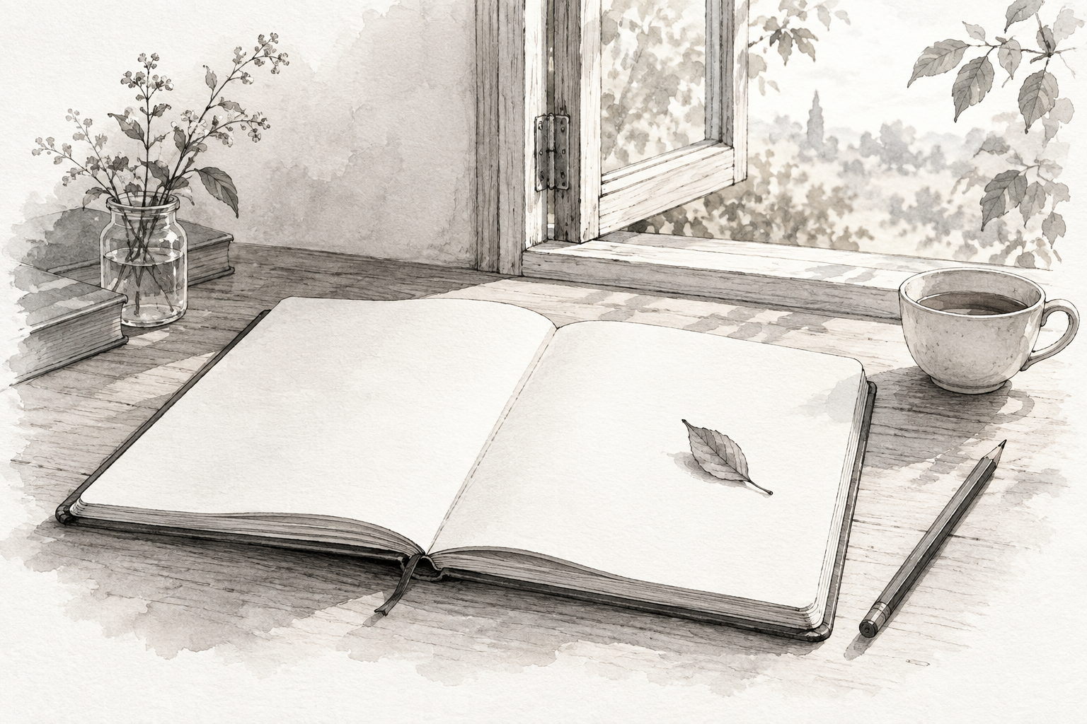Ink-wash illustration of an open notebook, a leaf, a pencil and a cup of tea beside a window